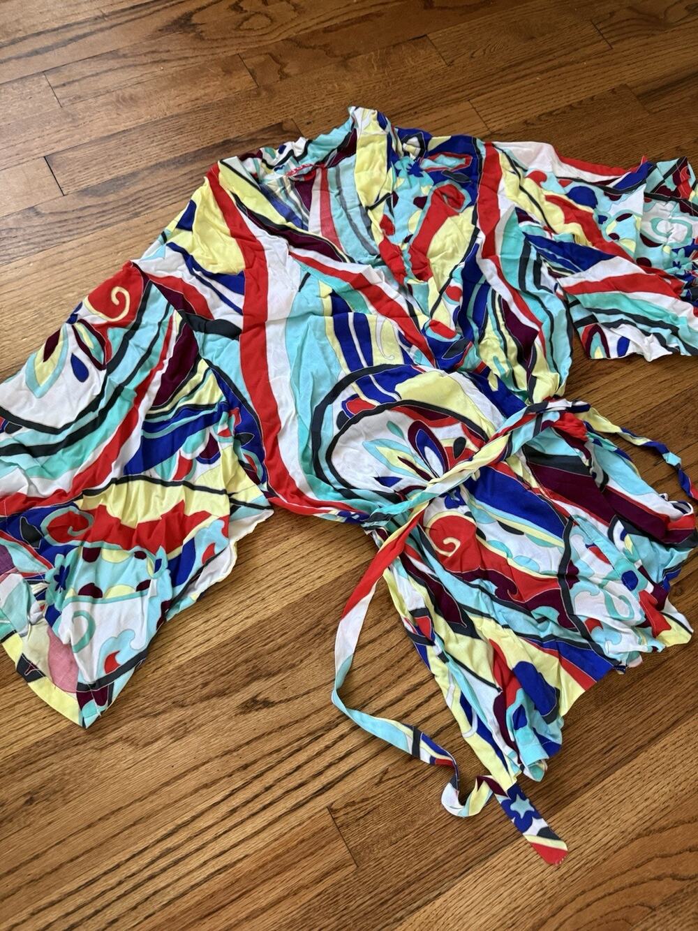 NWT Josie by Natori Kimono Robe Mosaic Flora Print Wrap Short Robe (Size S)